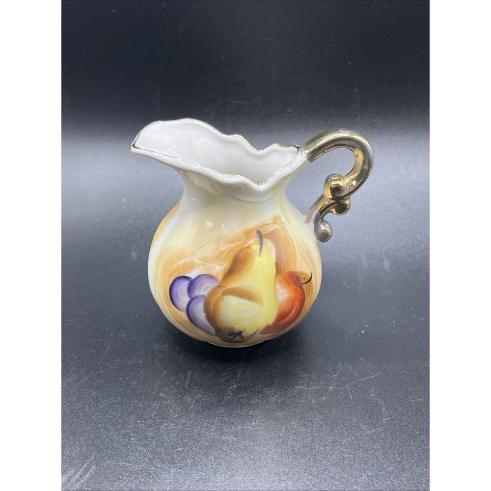 ArtMark Porcelain Creamer Vintage Hand Painted Fruit Motif Gold Trim Pitcher 3in